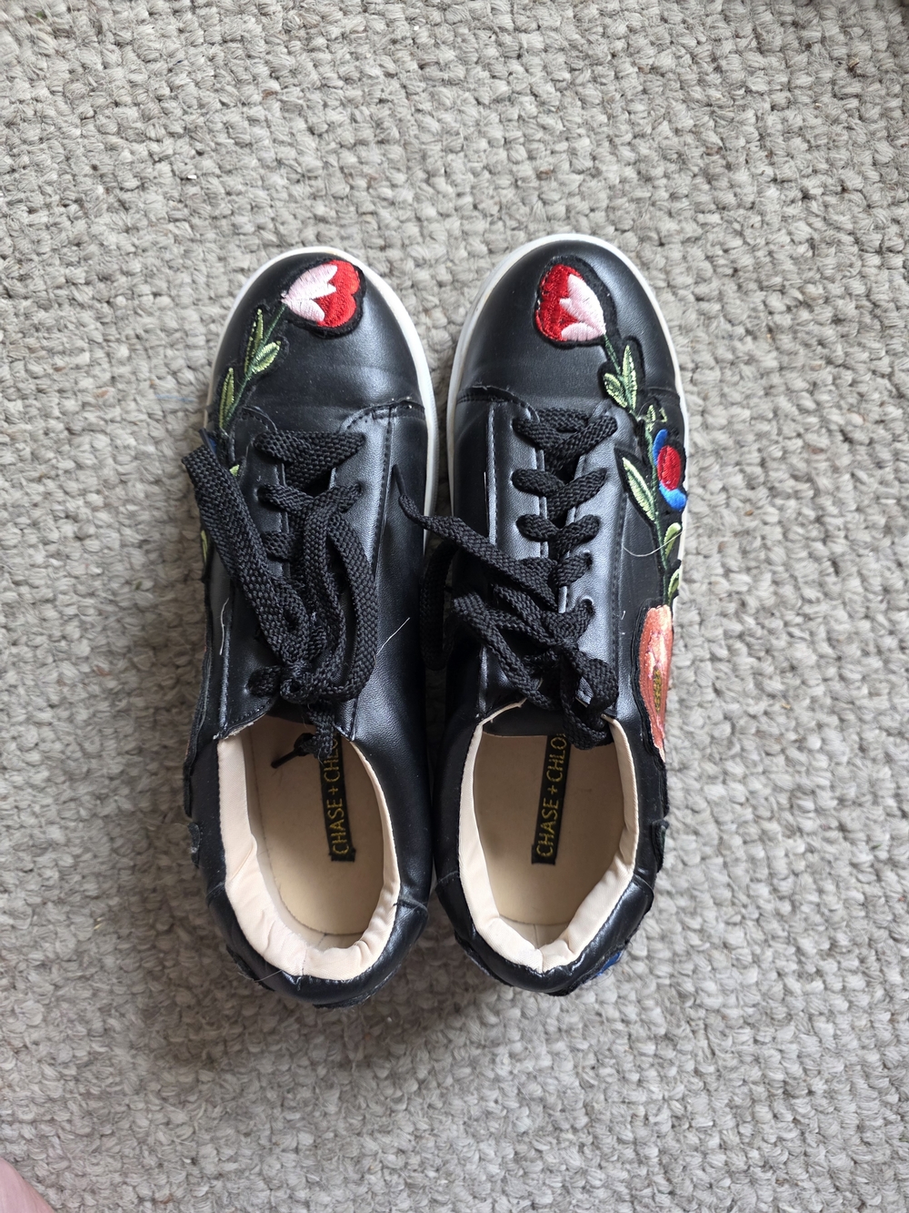 Chase + Chloe Black Sneakers with Colorful Floral Embroidery